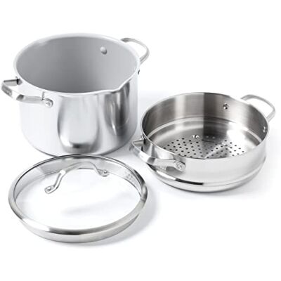 GreenPan Venice Pro Tri-Ply Olla multiusos de acero inoxidable con inserto de vapor/color y tapa de cristal, sin PFAS, apta para inducción, lavavajillas y horno, 24 cm/7,6 l GreenPan Venice Pro Tri-Ply Olla multiusos de acero inoxidable con inserto de vapor/color y tapa de cristal, sin PFAS, apta para inducción, lavavajillas y horno, 24 cm/7,6 l
