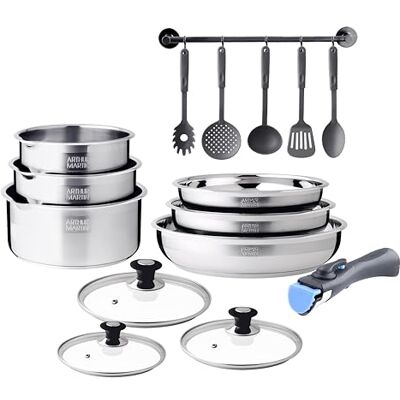 Arthur Martin Juego de Cocina de 15 Piezas en Acero Inoxidable, Compatible con Todas Las Fuentes de Calor, 2 Sartenes (24-26 cm), 3 Ollas (16-18-20 cm), 4 Tapas, Mango Extraíble, 5 Utensilios Arthur Martin Juego de Cocina de 15 Piezas en Acero Inoxidable, Compatible con Todas Las Fuentes de Calor, 2 Sartenes (24-26 cm), 3 Ollas (16-18-20 cm), 4 Tapas, Mango Extraíble, 5 Utensilios