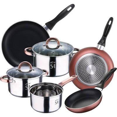 San Ignacio Bateria 5pc acero inoxidable Ø16Ø18Ø20 con 2 tapas de vidrio, y Set 3 sartenes Ø16/20/24 cm, aluminio prensado, cobre, set apto para inducción San Ignacio Bateria 5pc acero inoxidable Ø16Ø18Ø20 con 2 tapas de vidrio, y Set 3 sartenes Ø16/20/24 cm, aluminio prensado, cobre, set apto para inducción