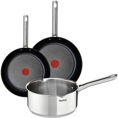 Tefal Duetto Juego de Sartenes de 24/28 cm + Cazo de 16 cm, Apto inducción, antiadherente, revestimiento titanio, Thermo-signal, apto lavavajillas y horno, acero inoxidable Tefal Duetto Juego de Sartenes de 24/28 cm + Cazo de 16 cm, Apto inducción, antiadherente, revestimiento titanio, Thermo-signal, apto lavavajillas y horno, acero inoxidable