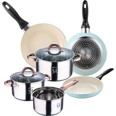 San Ignacio Bateria 5pc acero inoxidable Ø16Ø18Ø20 con 2 tapas de vidrio, y Set 3 sartenes Ø16/20/24 cm, aluminio prensado, celeste, set apto para inducción San Ignacio Bateria 5pc acero inoxidable Ø16Ø18Ø20 con 2 tapas de vidrio, y Set 3 sartenes Ø16/20/24 cm, aluminio prensado, celeste, set apto para inducción