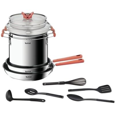 Tefal Optispace Juego de 2 Sartenes antiadherentes 24/28 cm + 3 Ollas 18/20/22 cm + 2 Tapas, Apto inducción, Thermo-signal, apto lavavajillas y horno, acero inoxidable Tefal Optispace Juego de 2 Sartenes antiadherentes 24/28 cm + 3 Ollas 18/20/22 cm + 2 Tapas, Apto inducción, Thermo-signal, apto lavavajillas y horno, acero inoxidable
