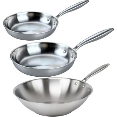 Fackelmann Vita3 Set de Sartenes, incluye Sartén 24 cm y 26 cm y Wok 28 cm, Acero Inoxidable Triply sin Antiadherente, Libre de PFA, Aptas Inducción y todo tipo de Cocinas, Aptas Lavavajillas Fackelmann Vita3 Set de Sartenes, incluye Sartén 24 cm y 26 cm y Wok 28 cm, Acero Inoxidable Triply sin Antiadherente, Libre de PFA, Aptas Inducción y todo tipo de Cocinas, Aptas Lavavajillas
