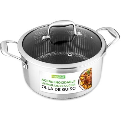 NutriChef Olla de Acero Inoxidable, 4.7L, Tapa de Vidrio, Revestimiento Antiadherente DAKIN, Patrón de Panal de Abeja Elevado y Texturizado, Resistente a Rayones NutriChef Olla de Acero Inoxidable, 4.7L, Tapa de Vidrio, Revestimiento Antiadherente DAKIN, Patrón de Panal de Abeja Elevado y Texturizado, Resistente a Rayones
