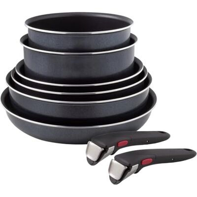 Tefal Ingenio Enjoy Juego de 2 Sartenes 22/28 cm + 2 Cazos 18/20 cm + Guisera 24 cm + Wok 26 cm + 2 Mangos extraíbles, Apto inducción, antiadherentes, revestimiento titanio, apto horno Tefal Ingenio Enjoy Juego de 2 Sartenes 22/28 cm + 2 Cazos 18/20 cm + Guisera 24 cm + Wok 26 cm + 2 Mangos extraíbles, Apto inducción, antiadherentes, revestimiento titanio, apto horno