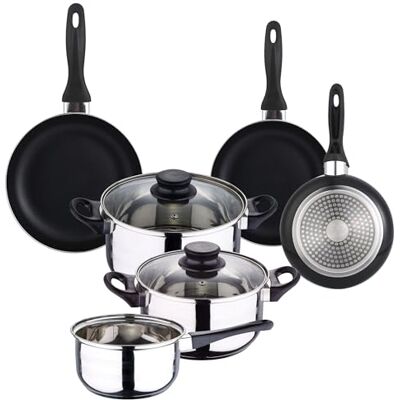 WELL HOME MOBILIARIO & DECORACIÓN Well Home Set de Batería de cocina de 5pc en acero inoxidable + 3 Sartenes Ø16Ø20Ø24cm Negro en aluminio prensado WELL HOME MOBILIARIO & DECORACIÓN Well Home Set de Batería de cocina de 5pc en acero inoxidable + 3 Sartenes Ø16Ø20Ø24cm Negro en aluminio prensado