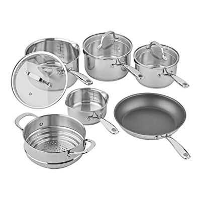 Tala Juego de utensilios de cocina de acero inoxidable de 6 piezas, sartén antiadherente, 4 ollas multifuncionales con tapas de vidrio templado y vaporera, apto para lavavajillas, resistente a los Tala Juego de utensilios de cocina de acero inoxidable de 6 piezas, sartén antiadherente, 4 ollas multifuncionales con tapas de vidrio templado y vaporera, apto para lavavajillas, resistente a los
