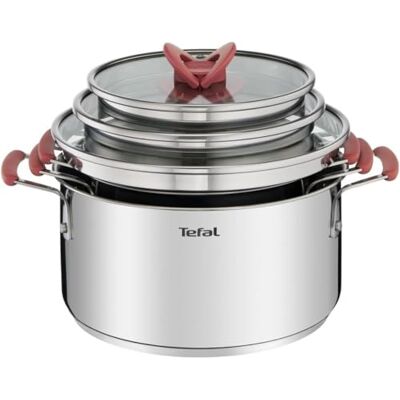 Tefal Optispace Juego de 3 Ollas 18/20/24 cm + 3 Tapas, Apto inducción, Thermo-Fusion, marcas medición, apto lavavajillas y horno, acero inoxidable Tefal Optispace Juego de 3 Ollas 18/20/24 cm + 3 Tapas, Apto inducción, Thermo-Fusion, marcas medición, apto lavavajillas y horno, acero inoxidable
