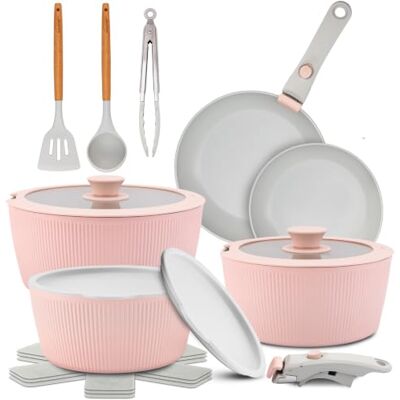 NutriChef bateria cocina mango extraible, Ceramica, 18 piezas, Juego de ollas y sartenes, Antiadherentes, Sin PTFE, Ahorra espacio, Apto para horno y estufa, Incluye utensilios NutriChef bateria cocina mango extraible, Ceramica, 18 piezas, Juego de ollas y sartenes, Antiadherentes, Sin PTFE, Ahorra espacio, Apto para horno y estufa, Incluye utensilios