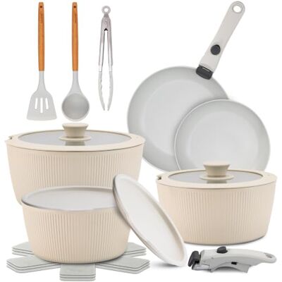NutriChef bateria cocina mango extraible, Ceramica, 18 piezas, Juego de ollas y sartenes, Antiadherentes, Sin PTFE, Ahorra espacio, Apto para horno y estufa, Incluye utensilios NutriChef bateria cocina mango extraible, Ceramica, 18 piezas, Juego de ollas y sartenes, Antiadherentes, Sin PTFE, Ahorra espacio, Apto para horno y estufa, Incluye utensilios