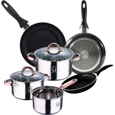 San Ignacio Bateria 5pc acero inoxidable Ø16Ø18Ø20 con 2 tapas de vidrio, y Set 3 sartenes Ø16/20/24 cm, aluminio prensado, negro, set apto para inducción San Ignacio Bateria 5pc acero inoxidable Ø16Ø18Ø20 con 2 tapas de vidrio, y Set 3 sartenes Ø16/20/24 cm, aluminio prensado, negro, set apto para inducción