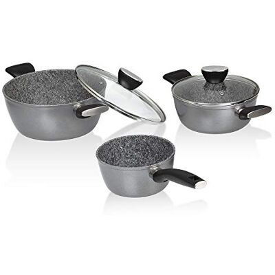 Jata Hogar Batería de Cocina para Todo Tipo de cocinas. 3 Piezas: cazo de 16 cm, cazuela de 20 cm y cazuela de 24 cm. Antiadherentes. Gran Resistencia al Rayado Jata Hogar Batería de Cocina para Todo Tipo de cocinas. 3 Piezas: cazo de 16 cm, cazuela de 20 cm y cazuela de 24 cm. Antiadherentes. Gran Resistencia al Rayado