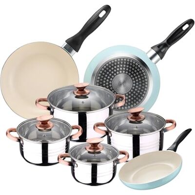 San Ignacio Batería de Cocina 4 cacerolas (1,9L + 2,7L + 3,5L + 5,1L) con 4 Tapas de Vidrio y 3 sartenes Ø16Ø20Ø24 en Acero Inoxidable apta para inducción San Ignacio Batería de Cocina 4 cacerolas (1,9L + 2,7L + 3,5L + 5,1L) con 4 Tapas de Vidrio y 3 sartenes Ø16Ø20Ø24 en Acero Inoxidable apta para inducción