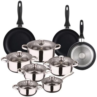 WELL HOME MOBILIARIO & DECORACIÓN Set de Batería de cocina de 12pc en acero inoxidable + 3 Sartenes Ø16Ø20Ø24cm Negro en aluminio prensado WELL HOME MOBILIARIO & DECORACIÓN Set de Batería de cocina de 12pc en acero inoxidable + 3 Sartenes Ø16Ø20Ø24cm Negro en aluminio prensado