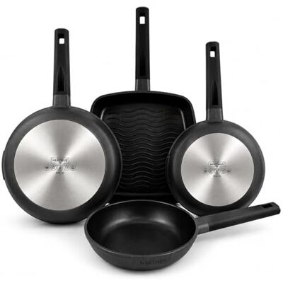 NERTHUS Set Sartenes Aluminio Fundido 20 24 y 28 Cm + Grill Asador Antiadherente Quantanium Aptas Inducción Gas Vitrocerámica Mango Ergonómico Resistente Calor NERTHUS Set Sartenes Aluminio Fundido 20 24 y 28 Cm + Grill Asador Antiadherente Quantanium Aptas Inducción Gas Vitrocerámica Mango Ergonómico Resistente Calor