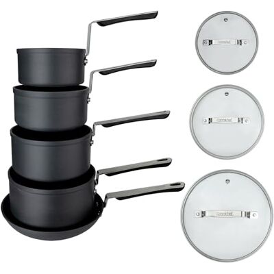 Commichef Juego de 5 piezas de utensilios de cocina en aluminio anodizado con revestimiento antiadherente, incluye cacerolas de 14 cm, 16 cm, 18 cm y 20 cm con tapas y sartén de 24 cm, diseño apilable Commichef Juego de 5 piezas de utensilios de cocina en aluminio anodizado con revestimiento antiadherente, incluye cacerolas de 14 cm, 16 cm, 18 cm y 20 cm con tapas y sartén de 24 cm, diseño apilable