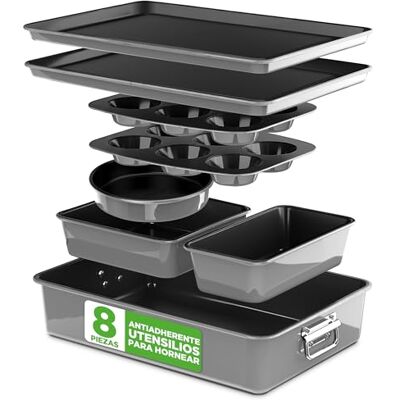 NutriChef juego 8 moldes apilables, Bandejas, Libres de PFOA, PFOS, PTFEE, Utensilios horno hasta 232°C, Baking set, Antiadherentes, Color gris NutriChef juego 8 moldes apilables, Bandejas, Libres de PFOA, PFOS, PTFEE, Utensilios horno hasta 232°C, Baking set, Antiadherentes, Color gris