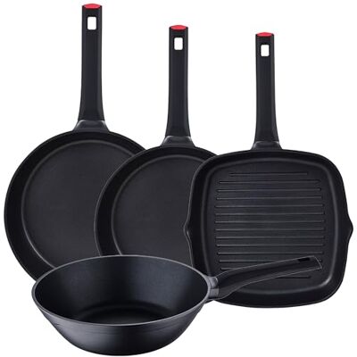 San Ignacio ENERGY: Set de 4 Sartenes Antiadherentes Xylan Plus sin PFOA, Aluminio Fundido, Aptas para lavavajillas: sarten 28x6 sarten 30x6,5 wok 28x8,5 sarten asador 28x28x5 San Ignacio ENERGY: Set de 4 Sartenes Antiadherentes Xylan Plus sin PFOA, Aluminio Fundido, Aptas para lavavajillas: sarten 28x6 sarten 30x6,5 wok 28x8,5 sarten asador 28x28x5