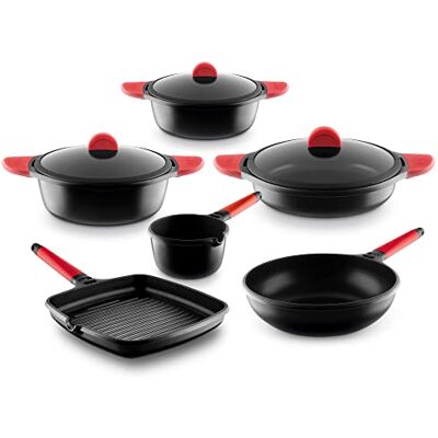 Castey Batería De Cocina 6 Piezas Inducción Mango Rojo Castey Batería De Cocina 6 Piezas Inducción Mango Rojo
