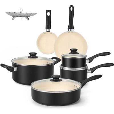 Ollas y sartenes con recubrimiento de cerámica Amazon Basics - Juego de 11 piezas Ollas y sartenes con recubrimiento de cerámica Amazon Basics - Juego de 11 piezas
