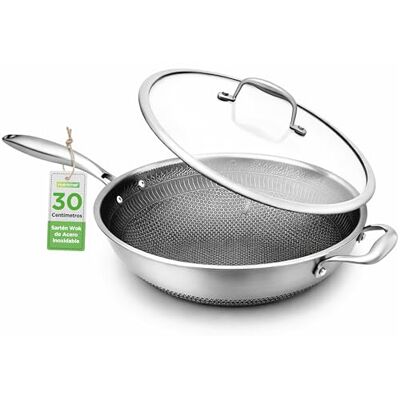 NutriChef wok 12” acero inoxidable, Sarten, Induccion, Revestimiento antiadherente, Tapa, Manga lateral, Resistente NutriChef wok 12” acero inoxidable, Sarten, Induccion, Revestimiento antiadherente, Tapa, Manga lateral, Resistente
