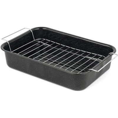 Salter Asador y estante de esmalte vítreo de 34 cm, bandeja grande para hornear, bandeja de pollo asado, carne/verduras, apta para lavavajillas, bandeja rectangular profunda con estante de acero Salter Asador y estante de esmalte vítreo de 34 cm, bandeja grande para hornear, bandeja de pollo asado, carne/verduras, apta para lavavajillas, bandeja rectangular profunda con estante de acero