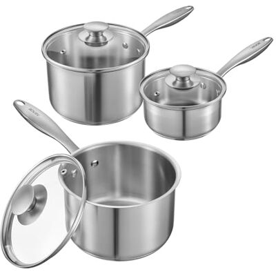 VEVOR Juego de Ollas y Cacerolas 0,95 + 1,89 + 2,84 L con Tapa de Cristal, para Sopa y Verduras con Mango Ergonómico, de Acero Inoxidable, Apta para Lavavajillas, Acabado Metálico Natural, 3 uds VEVOR Juego de Ollas y Cacerolas 0,95 + 1,89 + 2,84 L con Tapa de Cristal, para Sopa y Verduras con Mango Ergonómico, de Acero Inoxidable, Apta para Lavavajillas, Acabado Metálico Natural, 3 uds
