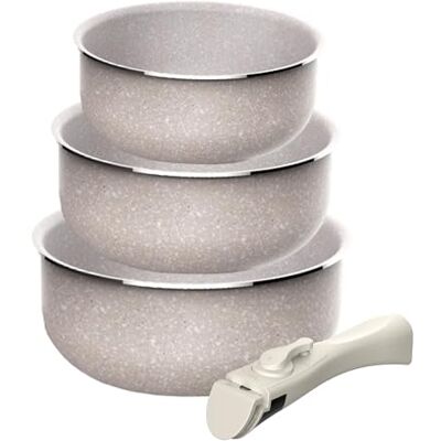 San Ignacio Juego de 3 Cacerolas Ø16Ø18Ø20cm en aluminio prensado con revestimiento ILAG + Mango extraíble Click&Cook, Apto inducción, antiadherentes, sin PFOA, apto lavavajillas y horno San Ignacio Juego de 3 Cacerolas Ø16Ø18Ø20cm en aluminio prensado con revestimiento ILAG + Mango extraíble Click&Cook, Apto inducción, antiadherentes, sin PFOA, apto lavavajillas y horno