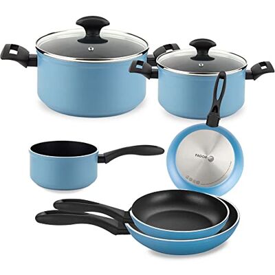 Fagor Batería Cocina Inducción 8 Piezas Set 2 Cazuelas 20-24 cm, 2 Tapas Cristal, 3 Sartenes 20-24-28 cm, Cazo 16 cm Alumninio Forjado, Antiadherente sin PFOA, Apta Todas Las Cocinas, Azul Fagor Batería Cocina Inducción 8 Piezas Set 2 Cazuelas 20-24 cm, 2 Tapas Cristal, 3 Sartenes 20-24-28 cm, Cazo 16 cm Alumninio Forjado, Antiadherente sin PFOA, Apta Todas Las Cocinas, Azul