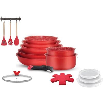 Arthur Martin , , batería de cocina de aluminio de 18 piezas con revestimiento antideslizante, que incluye sartenes, cacerolas, sartén para saltear, wok, tapas y utensilios 20-28 cm, Rojo Arthur Martin , , batería de cocina de aluminio de 18 piezas con revestimiento antideslizante, que incluye sartenes, cacerolas, sartén para saltear, wok, tapas y utensilios 20-28 cm, Rojo