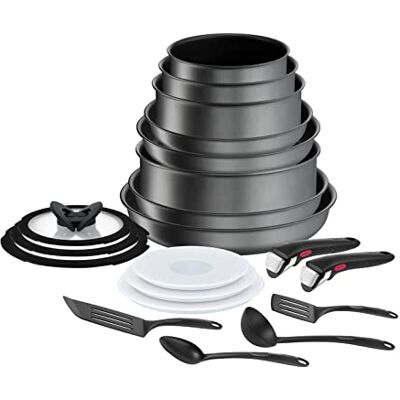 Tefal Ingenio Daily Chef ON Juego de ollas y sartenes, 20 piezas, apilables, mango extraíble, ahorro de espacio, antiadherente, inducción, gris, Tefal Ingenio Daily Chef ON Juego de ollas y sartenes, 20 piezas, apilables, mango extraíble, ahorro de espacio, antiadherente, inducción, gris,