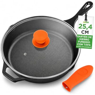 NutriChef sarten pequeña de hierro fundido, Con tapa, Mango de silicona, Pre-sazonada con boquilla lateral para derrames NutriChef sarten pequeña de hierro fundido, Con tapa, Mango de silicona, Pre-sazonada con boquilla lateral para derrames