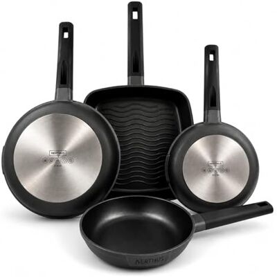NERTHUS Set Sartenes Aluminio Fundido 18 22 y 26 Cm + Grill Asador Antiadherente Quantanium Aptas Inducción Gas Vitrocerámica Mango Ergonómico Resistente Calor NERTHUS Set Sartenes Aluminio Fundido 18 22 y 26 Cm + Grill Asador Antiadherente Quantanium Aptas Inducción Gas Vitrocerámica Mango Ergonómico Resistente Calor