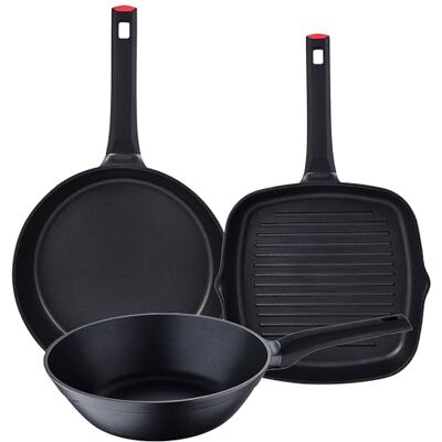 San Ignacio ENERGY: Set de 3 Sartenes Antiadherentes Xylan Plus sin PFOA, Aluminio Fundido, Aptas para lavavajillas: sarten 30x6,5 wok 28x8,5 sarten asador 28x28x5 San Ignacio ENERGY: Set de 3 Sartenes Antiadherentes Xylan Plus sin PFOA, Aluminio Fundido, Aptas para lavavajillas: sarten 30x6,5 wok 28x8,5 sarten asador 28x28x5