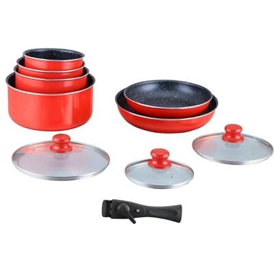 HAGEN , Batería de cocina con recubrimiento de piedra, Mango desmontable, 10 piezas, Rojo, Recubrimiento antiadherente, Todos los quemadores, Incluye inducción, HA04623 HAGEN , Batería de cocina con recubrimiento de piedra, Mango desmontable, 10 piezas, Rojo, Recubrimiento antiadherente, Todos los quemadores, Incluye inducción, HA04623