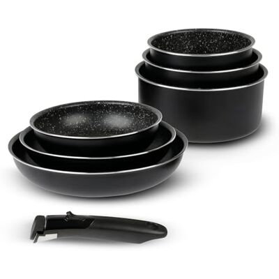 Sitram Batería de cocina (7 unidades, aluminio negro: mango extraíble, 3 estufas de 20,24,28 cm, 3 cacerolas Ø16,18,20 cm, revestimiento antiadherente sin PFOA, efecto piedra, para todo tipo Sitram Batería de cocina (7 unidades, aluminio negro: mango extraíble, 3 estufas de 20,24,28 cm, 3 cacerolas Ø16,18,20 cm, revestimiento antiadherente sin PFOA, efecto piedra, para todo tipo