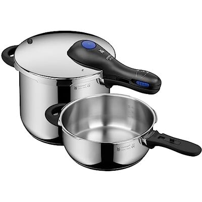 WMF Perfect Plus Set con Olla Rápida Ø 22 cm de Diámetro de 6 Litros y Medio + Cuerpo 3 Litros, Con Protección Contra Llamas, Acero Inoxidable Cromargan para Inducción WMF Perfect Plus Set con Olla Rápida Ø 22 cm de Diámetro de 6 Litros y Medio + Cuerpo 3 Litros, Con Protección Contra Llamas, Acero Inoxidable Cromargan para Inducción