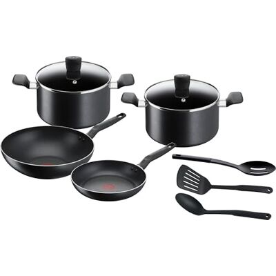 Tefal Batería de cocina 9 piezas, sartén 24 cm + wok 28 cm + ollas 22/24 cm + utensilios, sin inducción, revestimiento antiadherente, mango ergonómico, Super Cook Tefal Batería de cocina 9 piezas, sartén 24 cm + wok 28 cm + ollas 22/24 cm + utensilios, sin inducción, revestimiento antiadherente, mango ergonómico, Super Cook