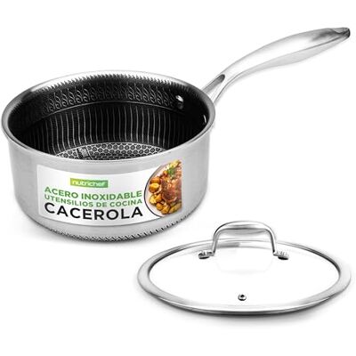 NutriChef Olla Pequeña Induccion, para Salsas, con Triple Capa, Tapa de Vidrio, 1.9L, Revestimiento Antiadherente DAKIN, Patrón de Nido de Abeja Resistente a Rayones NutriChef Olla Pequeña Induccion, para Salsas, con Triple Capa, Tapa de Vidrio, 1.9L, Revestimiento Antiadherente DAKIN, Patrón de Nido de Abeja Resistente a Rayones