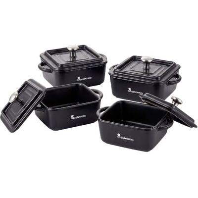 MasterPro Cook & Share Mini Cocotte Cuadrada con Tapa de 13.5 x 10.6 x 4.5/6.5 cm, Ideal para Compartir, Gres con Interior y Exterior Esmaltado en Negro, Apta para Lavavajillas y Horno, Juego de 4 MasterPro Cook & Share Mini Cocotte Cuadrada con Tapa de 13.5 x 10.6 x 4.5/6.5 cm, Ideal para Compartir, Gres con Interior y Exterior Esmaltado en Negro, Apta para Lavavajillas y Horno, Juego de 4
