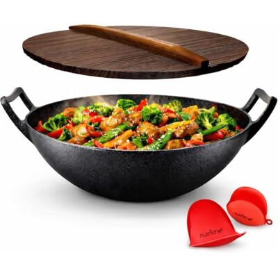 NutriChef Sartén de hierro fundido de 30 cm – Wok de inducción con tapa, sartén de hierro fundido para todo tipo de fuegos, sin recubrimiento, antiadherente, sartén profunda con asas NutriChef Sartén de hierro fundido de 30 cm – Wok de inducción con tapa, sartén de hierro fundido para todo tipo de fuegos, sin recubrimiento, antiadherente, sartén profunda con asas