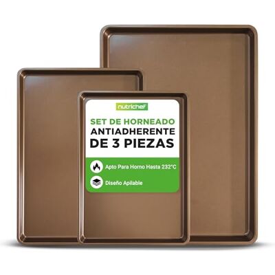 Nutrichef juego de 3 bandejas horno, Para hornear, Servir, Apilables, Rectangulares, Antiadherentes, Sin PFOA, PFOS, PTFE. Dorado Nutrichef juego de 3 bandejas horno, Para hornear, Servir, Apilables, Rectangulares, Antiadherentes, Sin PFOA, PFOS, PTFE. Dorado