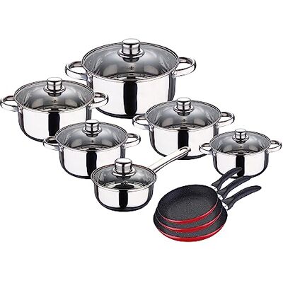 San Ignacio Batería de cocina cazo con tapa 14 (0,9L), cacerolas con tapa de 14 (0,9L), 16 (1,5L), 18 (2L), 20 (2,8L) y 24 CM (5L) + set 3 sartenes Red & Marble 16+20+24cm, inducción San Ignacio Batería de cocina cazo con tapa 14 (0,9L), cacerolas con tapa de 14 (0,9L), 16 (1,5L), 18 (2L), 20 (2,8L) y 24 CM (5L) + set 3 sartenes Red & Marble 16+20+24cm, inducción
