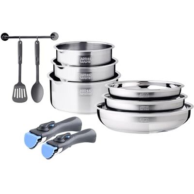 Arthur Martin , Set de Cocina de Acero Inoxidable 10 Piezas 3 Sartenes (20-22-26 cm) y 3 Cacerolas (16-18-20 cm) + Utensilios, Mangos Ergonómicos, Todos Calentadores de Inducción, Graduación Interior Arthur Martin , Set de Cocina de Acero Inoxidable 10 Piezas 3 Sartenes (20-22-26 cm) y 3 Cacerolas (16-18-20 cm) + Utensilios, Mangos Ergonómicos, Todos Calentadores de Inducción, Graduación Interior