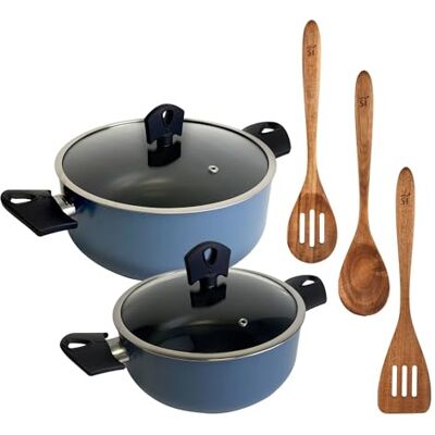 San Ignacio Juego de 2 Cacerolas de Ø20Ø24cm con tapa en Aluminio prensado color Azul + Set de 3 Utensilios de madera NOIA San Ignacio Juego de 2 Cacerolas de Ø20Ø24cm con tapa en Aluminio prensado color Azul + Set de 3 Utensilios de madera NOIA