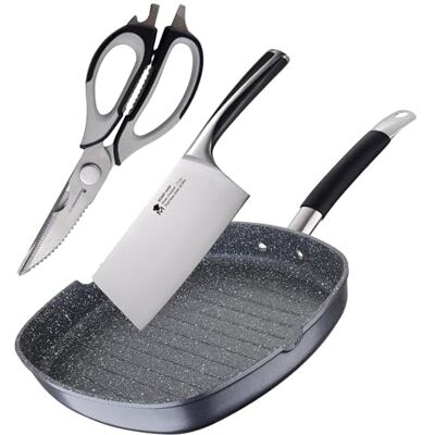 MasterPro Set de Sartén Grill 28x28x4,5cm en aluminio forjado + Cuchillo macheta de 17,5cm y Tijeras 23cm en acero inoxidable MasterPro Set de Sartén Grill 28x28x4,5cm en aluminio forjado + Cuchillo macheta de 17,5cm y Tijeras 23cm en acero inoxidable