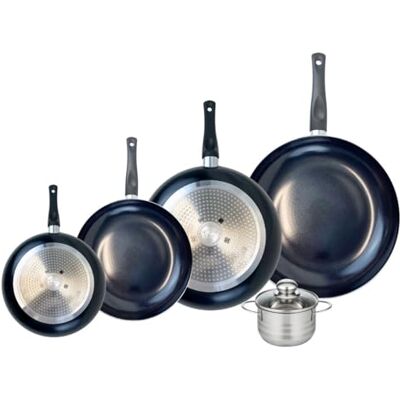 Fackelmann ELO 9752750 Batería de cocina (5 piezas, juego de 4 sartenes de cocina 20, 24, 28 y 32 cm, 1 olla de 12 cm, Elo Prima Brillant, acero inoxidable, inducción Fackelmann ELO 9752750 Batería de cocina (5 piezas, juego de 4 sartenes de cocina 20, 24, 28 y 32 cm, 1 olla de 12 cm, Elo Prima Brillant, acero inoxidable, inducción