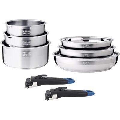 Arthur Martin Batería de Cocina 10 Piezas Acero Inoxidable 18/10 Apta Inducción Sartenes Ø20/22/26 Cacerolas Ø16/18/20-3 Tapas Vidrio, Pico Vertedor Arthur Martin Batería de Cocina 10 Piezas Acero Inoxidable 18/10 Apta Inducción Sartenes Ø20/22/26 Cacerolas Ø16/18/20-3 Tapas Vidrio, Pico Vertedor