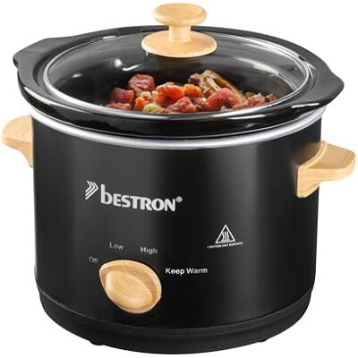 Bestron Slowcooker para 2 personas, Olla de Cocción Lenta con cacerola de cerámica y tapa de vidrio, termostato de 3 niveles, ideal para muchos platos como carne y sopas, 1.5 litros, Negro/Madera Bestron Slowcooker para 2 personas, Olla de Cocción Lenta con cacerola de cerámica y tapa de vidrio, termostato de 3 niveles, ideal para muchos platos como carne y sopas, 1.5 litros, Negro/Madera