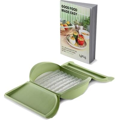 Lékué Estuche de vapor silicona platino Verde con bandeja y libro de recetas en INGLES, 3-4 personas, 1400 ml Lékué Estuche de vapor silicona platino Verde con bandeja y libro de recetas en INGLES, 3-4 personas, 1400 ml
